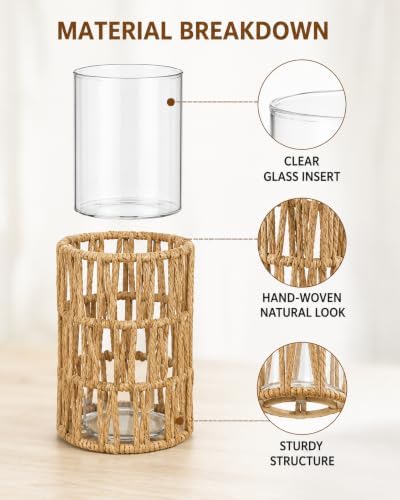 Baluue Rattan Hurricane Candle Holders Set of 3 Wicker Boho Lanterns - Image 5