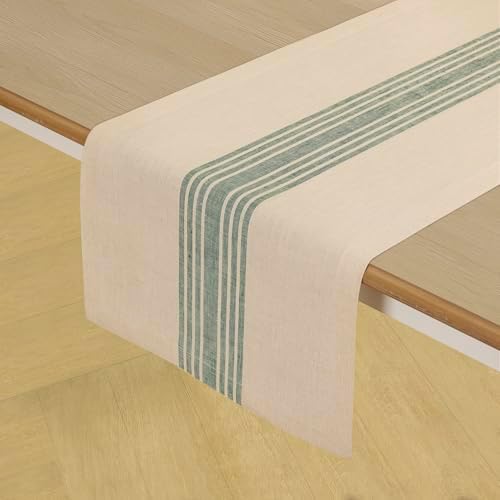Solino Home 100% Linen Table Runner, 14 x 108 in, Green and Natural Striped - Image 2