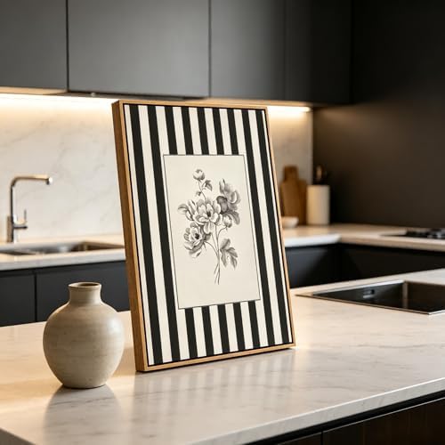 Yellow Framed Stripes Flower Canvas Wall Art Large Black White Striped Floral Painting Decor Pictures Vintage Sketch Plant Orchid Bedroom Living Posters Prints for Corridor Kitchen Room Decoration - Image 7