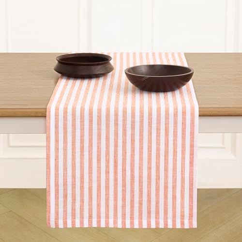 Solino Home 100% Linen Table Runner, 14 x 132 in, Orange and White Striped by SolinoHome