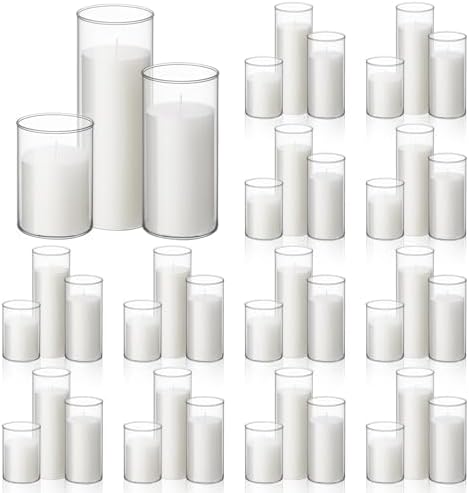 72 Pcs Pillar Candles and Glass, 3.4'' X 4.7", 7", 9.8", White by Shihanee