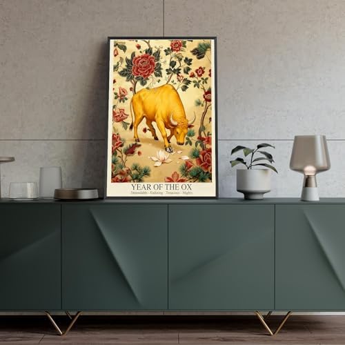 Chinese Lunar Year of the Ox Art Print – Oriental Zodiac Wall Decor with Red Peony Pattern for Home Office and Apartment Aesthetic Family Wall Decor Prints Canvas Wall Art 16X24 in Wrapped Framed - Image 4