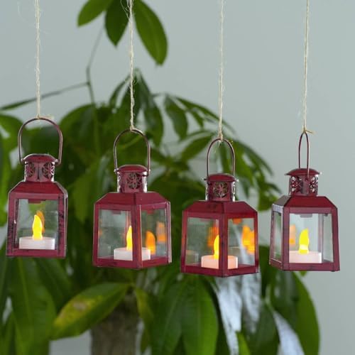 TRIROCKS 6 Pcs Small Metal Candle Lanterns Vintage Hanging House Tealight Lantern Decorative Candle Tea Light Holders for Table Valentine Patio Indoor Outdoor Gifts(Red) - Image 5