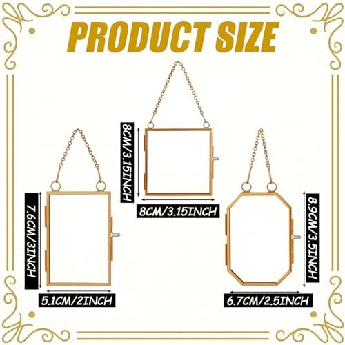 Qunclay 6 Pcs 2x3” 2.5x3.5” 3.2x3.2” Christmas Brass Picture Frame Ornaments Square Rectangle Octagon Christmas Metal Double Glass Hanging Photo Frame with Metal Chain for Xmas Tree Decorations(Gold) - Image 2