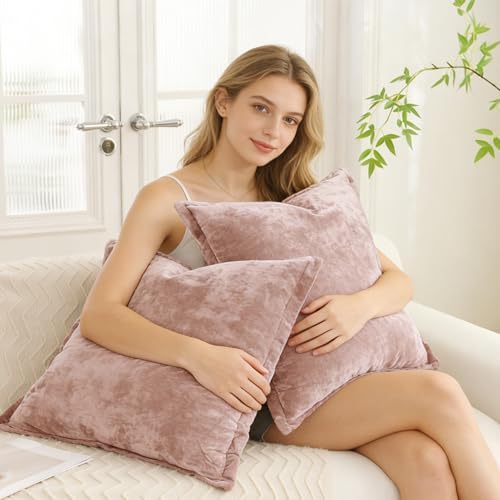Greek Velvet Euro Sham Covers Set of 2 26x26 Luxury Soft Solid Pillow Covers for Living Room Bedroom Yard,Pink - Image 4
