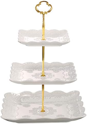 Sumerflos 3 Tier Porcelain Cupcake Stand, Tiered Serving Cake Stand, Square White Embossed Dessert Stand, Weddings Parties Pastry Serving Tray by Sumerflos