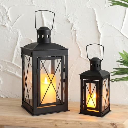 TRIROCKS Set of 2 Decorative Candle Lantern 12'' & 8'' High Metal Candle Holder Hanging Lantern Perfect for Home Decor Patio Living Room Parties Events Tabletop Indoors Outdoors (Black) - Image 4