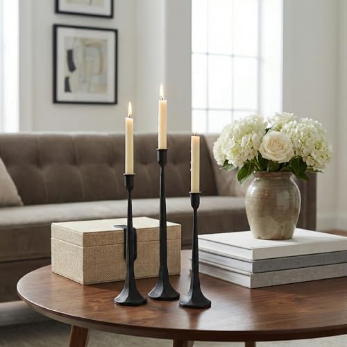 Denique Iron Taper Candle Holder Set of 3, Black Candlestick Holders Decorative Candle Stand, Tapered Candle Holders Tall Set for Wedding, Dining Table, Home Decoration (Black) - Image 5