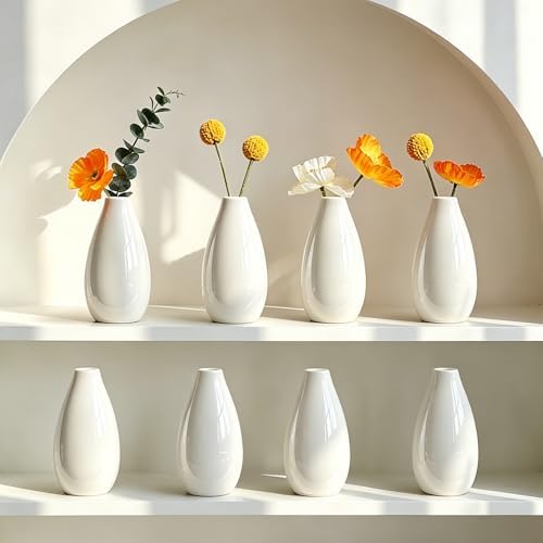 Modern Small Flower Vases 8 Pack - Ceramic, White by LIZOFER