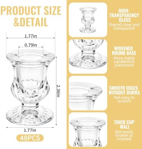 48 Pack Glass Taper Candle Holders Bulk, 2.3" Clear Mini Candlestick - Image 2
