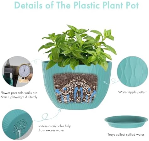 WSMKSZ 12 Inch Large Plant Pots for Indoor or Outdoor Plants, Wide Water Ripples Flower Pots with Drainage Holes & Saucer, Plastic Planters Set for Garden & Home Decor (Blue Green) - Image 3