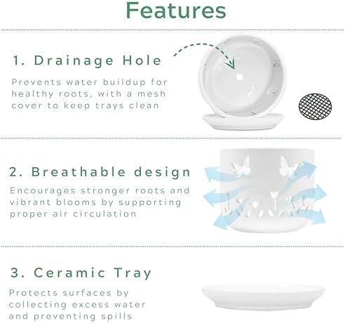 2 Pack, 5 + 6 Inch White Orchid Pots with Butterflies and Tulips Holes, Ceramic Orchid Planters for Repotting with Drainage Holes - Image 5