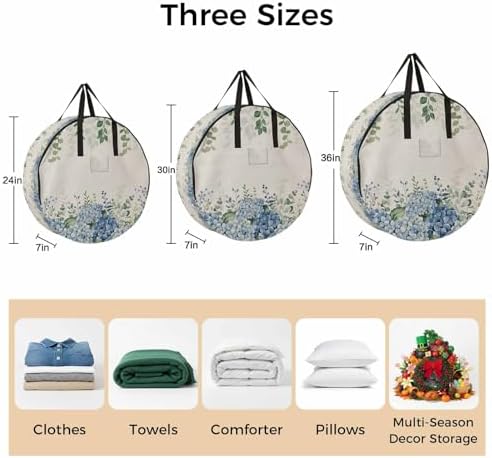 24 Inch Round Storage Bag 2 Pack,Blue Hydrangea Flower Green Eucalyptus Leaves Waterproof Wreath Storage Container with Handles&Zipper Retro Linen Closet Organizer Bags Garland Box - Image 7