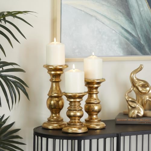Deco 79 Mango Wood Decorative Candle Holder Turned Style Pillar Candle Stand, Set of 3 Candlestick Holder 10", 8", 6"H, Gold - Image 3