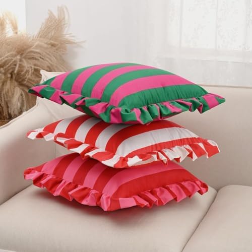 vctops Ruffle Square Throw Pillow Covers Boho Pink and Red Striped Decorative Pillowcases Set of 2, Soft Velvet Accent Cushion Cover Cases for Sofa Bed Living Room Decor (Pink Green,18"x18") - Image 5