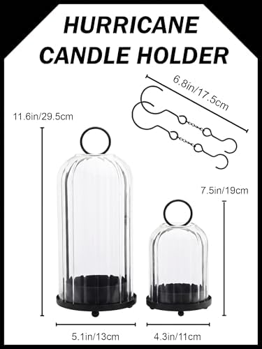 5" & 4" Metal Candle Holder with Ribbed Glass Candle Lanterns Set of 2, Vintage Windproof Hurricane Candle Holders for Pillar Candle, Decorative Table Centerpiece Patio Decor (Black) - Image 2
