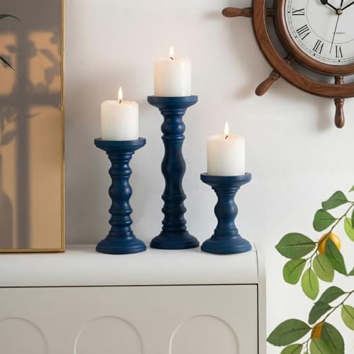 Set of 3 Wood Pillar Candle Holder Farmhouse Decor, Navy Blue - Image 6