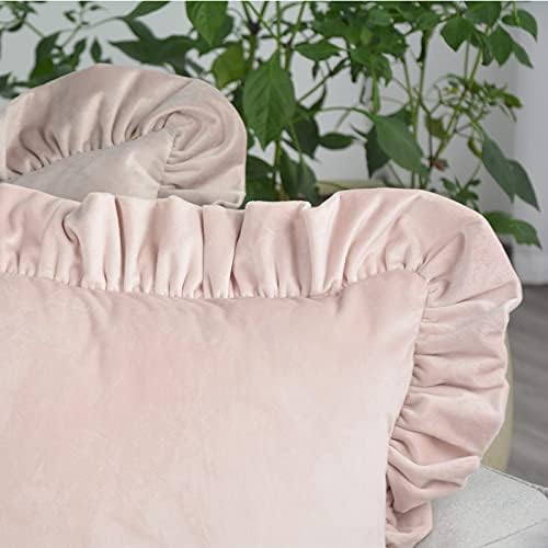 Jemiipee Velvet Ruffle Throw Pillow Covers Couch, Set of 2 Decorative Pillowcases with Ruffles 20x20 Inch Solid Color Shabby Chic Farmhouse Cushion Cover for Living Room Sofa Bed, Beige - Image 6