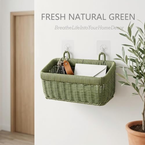 Wall Baskets Set of 2, Wicker-Style Hanging Baskets for Kitchen Bathroom Entryway Garages Porch Door Decor and Organizing, Green, Plastic - Image 5