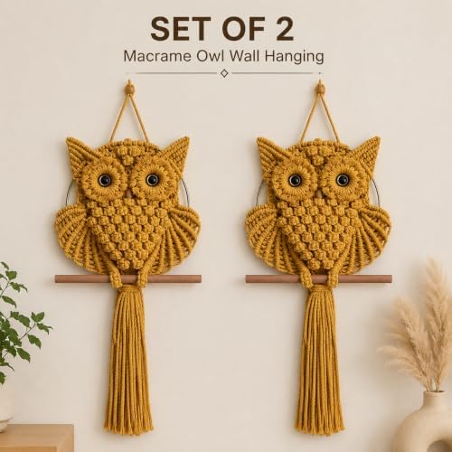 Bohemian Owl Macramé Wall Hanging Pack Of 2-12 x 23 Inch - Handcrafted Boho Home Décor with Natural Elements - Boho Chic Accent for Home, Office, or Living Room (Mustard) - Image 2