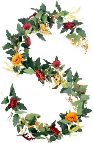 MAKHOT 2Pack Artificial Maple Leaves and Sunflowers Burgundy Roses Garland by MAKHOT