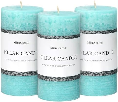 3x6 Inch Turquoise Pillar Candles Set of 3 - Unscented Candles, Long Clean Burning, Large Big Candles, Smokeless Dripless Pillar Candles for Dinner Table, Wedding, Home, Bathroom, Rustic Decor by MiraScents