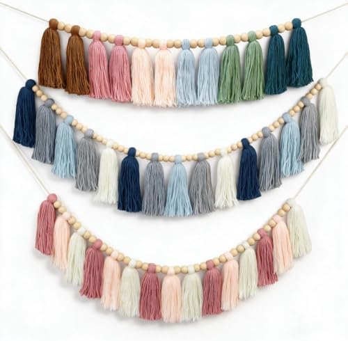 DrCor Moody Boho Tassel Garland, Set of 3 with Natural Wood Beads - Vintage by DrCorDreamingDecor