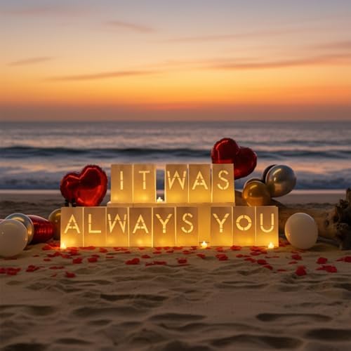 It was Always You Light Up Letters Signs, Romantic Proposal Anniversary Valentines' Day Decorations with Luminary Paper Bags, LED Tea Light Candles, Red Heart Balloons, Artificial Rose Petals - Image 5