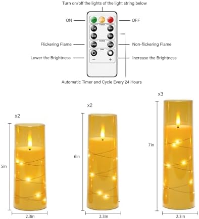 Flameless Candles,with Embedded Star String, Battery Operated Candles Flickering LED Pillar Candles with Remote Control and Timer, Home Decoration Add a Warm and Romantic Atmosphere，Set of 7 (Gold) - Image 5