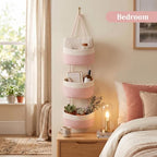 TeoKJ Over the Door Hanging Basket, 3-Tier Woven Cotton Wall-Mounted Storage Organizer Bag Decorative Hanging Nursery Baskets, Pink & White - Image 6