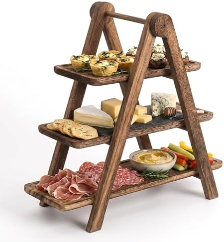 Space-Saving 3-Tier Collapsible Wooden Tray Stand – Rustic Multi-Layer Display Rack – Kitchen Counter Organizer for Food or Desserts – Sturdy, Easy-Fold Storage Shelf by GarveeHome