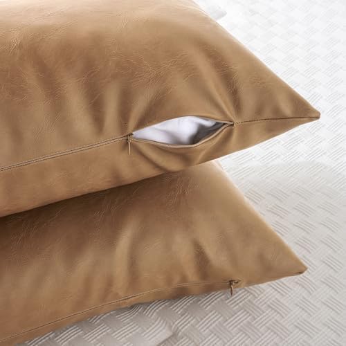 Fancy Homi Light Brown Boho Long Lumbar Faux Leather Body Decorative Throw Pillow Cover 14x36 Inch for Bedroom Couch Bed Sofa, Thick Stylish Solid Square PillowCase, Rustic Modern Farmhouse Room Decor - Image 4