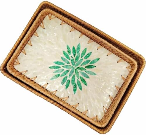 Set of 2 Rectangular Rattan Nesting Trays, Green Leaf Shell Inlay by chicapica