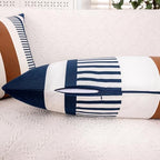 14x36 Lumbar Pillow Cover, Navy Blue Stripe and Brown Faux Leather Color Block Long Throw Pillow Case for Couch Bed Sofa, Farmhouse Modern Decorative Body Cushion Cover for Covered Porch - Image 4
