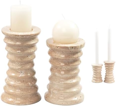 Travertine Marble Candlestick Holders - Set of 2 Stone Candle Sticks Holder Decor, Decorative Modern Candle Stands Multi-Purpose for Taper/Pillar/Tealight/Scented Candles by LWALMS