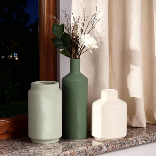 Neutral Ceramic Vase Set of 3 – Modern Decorative Vases, Small Flower Pottery Vase Sets, Boho Farmhouse Rustic Vases for Living Room, Kitchen, Bedroom, Bathroom, Shelf, Table - Image 4