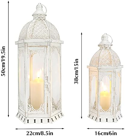 JHY DESIGN Set of 2 Decorative Candle Lanterns 22"&17" H Outdoor Vintage Metal Candle Holder for Garden Living Room Indoor Parties Weddings Patio Home Decor(White with Gold Brush) - Image 3