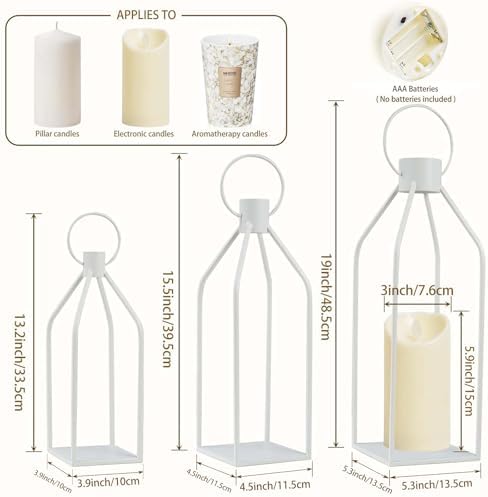 Decorative Lanterns Set of 3-19/16/13 Inch White Metal Indoor Lanterns Decorative with Flickering LED Candles, Front Entrance Decor for Farmhouse Wedding Christmas Home Decor - Image 2