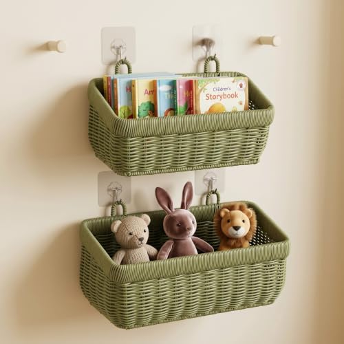 Wall Baskets Set of 2, Wicker-Style Hanging Baskets for Kitchen Bathroom Entryway Garages Porch Door Decor and Organizing, Green, Plastic - Image 6