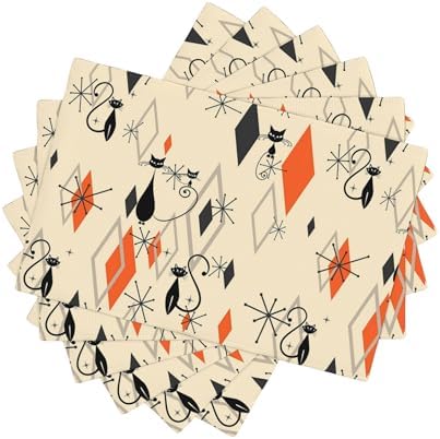 Mid Century Placemats 12x18 Inches, 1950s Vintage Fun Black Cat Starburst Atomic Modern Pattern, Kitchen Dining Decor Set of 6 by AuiMzoo