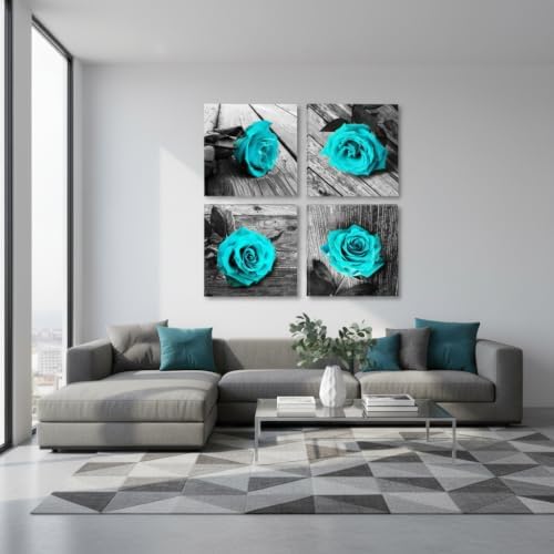 4-Piece Teal Rose Canvas Wall Art Decor 12x12in Framed Artwork for Bathroom - Image 4
