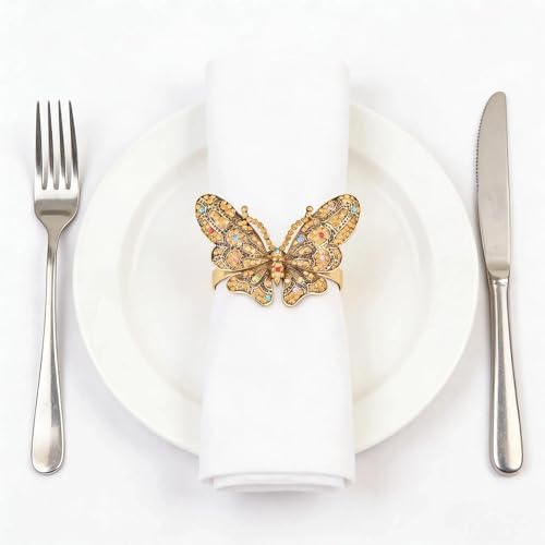 Set of 6 Crystal Butterfly Napkin Rings Home Metal Napkin Buckles Holder for Wedding,Parties, Dinners, Christmas, Holidays Decor (Gold) - Image 2