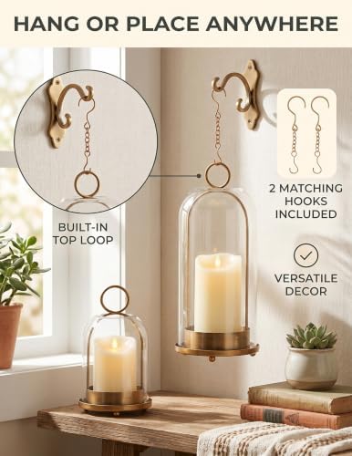 Brass Candle Holder Set of 2, Hurricane Glass Candle Holders with Flameless Candles, Glass Dome Candle Holder for Wedding, Holiday, Fireplace and Table Decor - Image 6