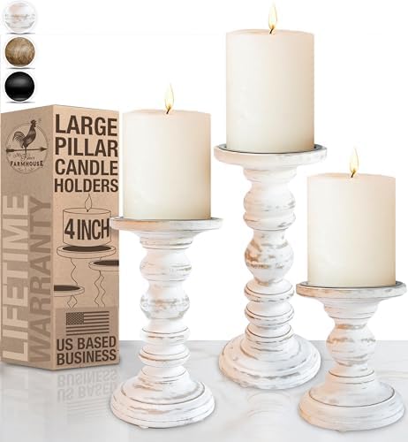 Large Candle Holders for Pillar Candles (3 Piece Set) Tall Rustic Wood Farmhouse Pillar Candlestick Stands - Fits 4 inch inch Wide Pillar Candles - Modern Candle Holder Decor (Antique White) - Image 3