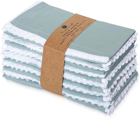 FINGERCRAFT Lace Cloth Napkins, Cotton Linen, 12 Pack, 20x20 Inch, Aqua by FINGERCRAFT