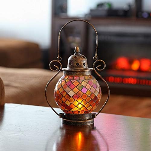 Lily's Home Decorative Candle Lanterns, Mosaic Glass and Wrought Iron Tea Light Candle Holder for Indoor or Outdoor Hanging Lantern. Candle NOT Included. Orange and Gold - Image 2