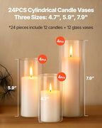 VEVOR Pillar Candles and Glass Vases Set 24 Pcs, Clear Cylinder Hurricane Candle Holders for Wedding Centerpieces, Tall Vase for Table Decor, Wedding Party, Thanksgiving,White (2.56" x 4.7",5.9",7.9") - Image 2