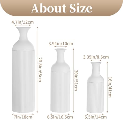 Sziqiqi White Modern Tall Floor Vase, Ribbed Metal Standing Decor, 3Pcs - Image 5