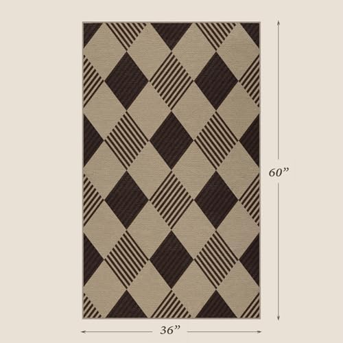 JTJ Easy Jute 3x5 Outdoor Rug, Black & Beige Diamond Pattern, Washable - Image 2
