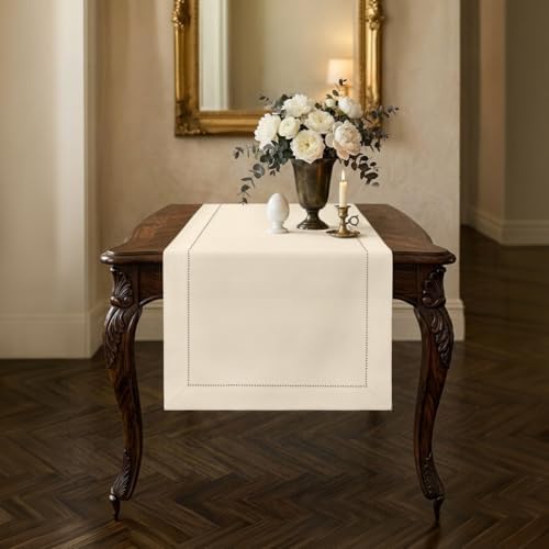 Signature Linen™ by D'Moksha, Ivory Table Runner 48 Inches, 100% Pure Linen, Hemstitch, Coffee Table Runner, 14 x 48 Inch for Dresser Tables- Fall, Weddings, Outdoor Hosting by DMokshaHomes